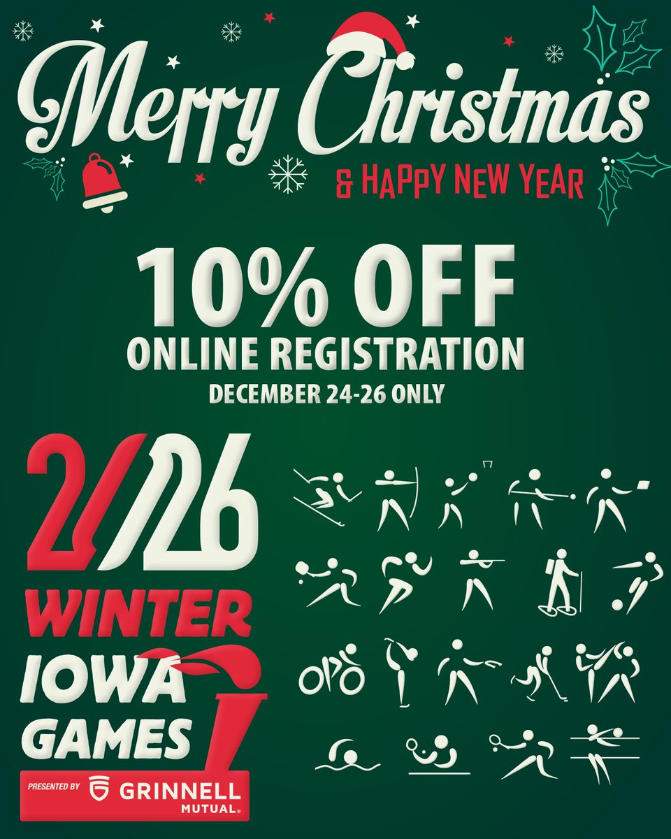 📆 SAVE THE DATES 📆 
🎄 December 24-26 ONLY 🎅 
10% OFF ONLINE REGISTRATION
Be sure to check your emails and our socials for the special discount code. Restrictions apply.

iowagames.org