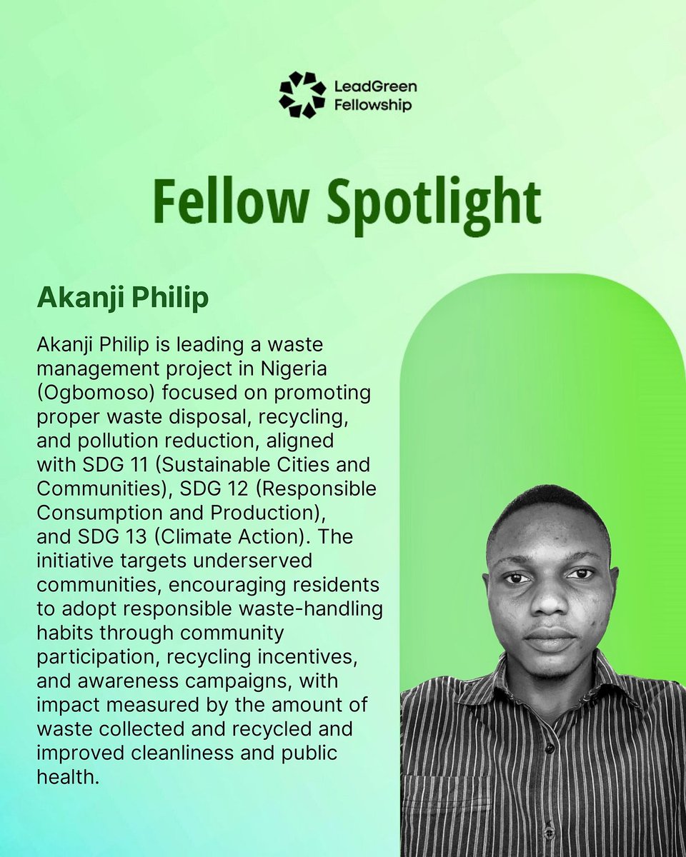 Meet Akanji Philip, a LeadGreen Fellow championing waste management &amp; recycling in Ogbomosho, Nigeria—driving cleaner communities and climate action.
#LeadGreenFellowship #ClimateAction