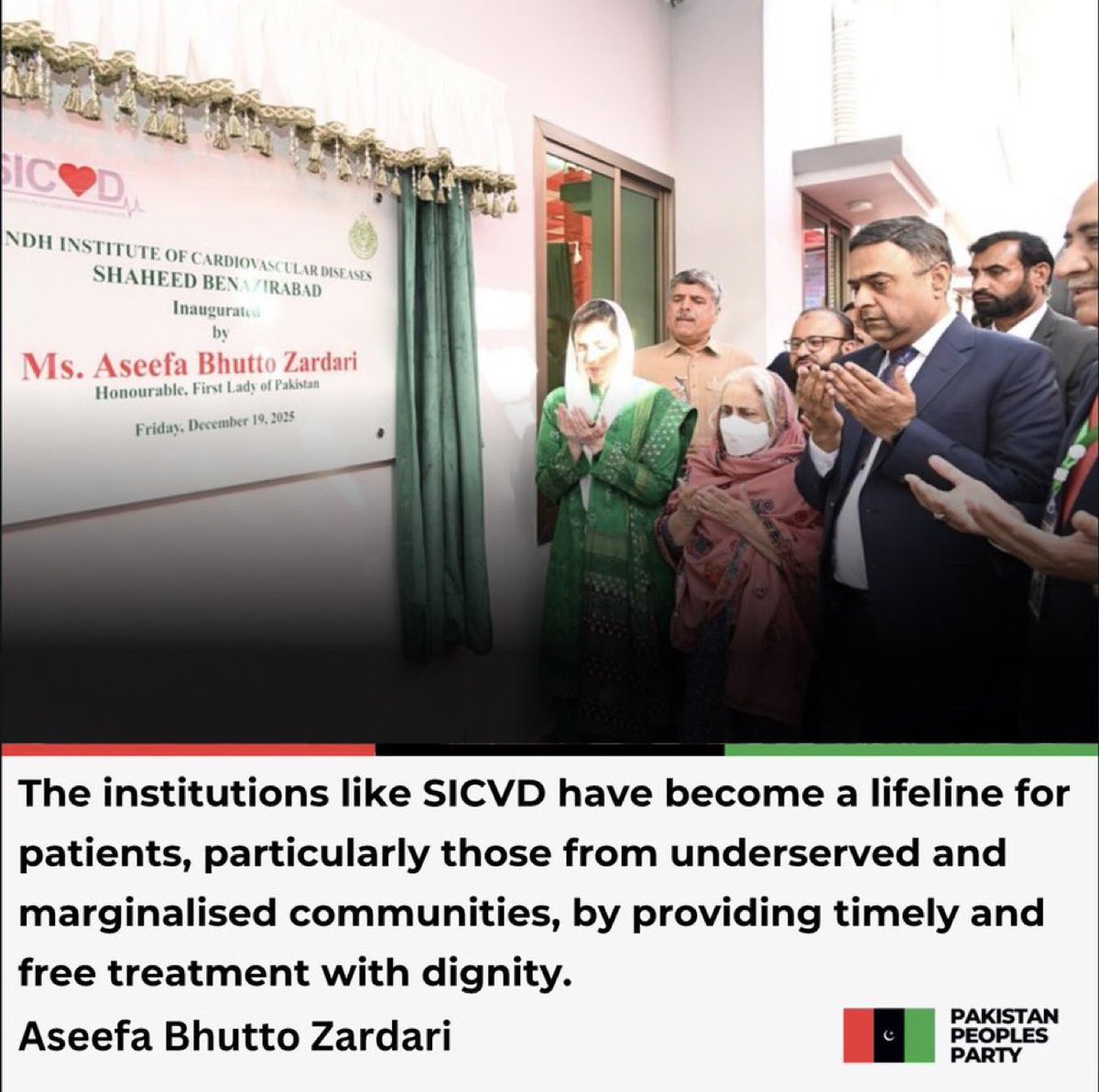 JavedNLaghari's tweet photo. First Lady, Bibi @AseefaBZ, MNA,  inaugurated the Sindh Institute of Cardiovascular Diseases (SICVD) Shaheed Benazirabad, marking a significant step in expanding free and advanced cardiac healthcare in Sindh.

Read More: https://t.co/bKnjUgoQEC https://t.co/Ta58Rib9q6