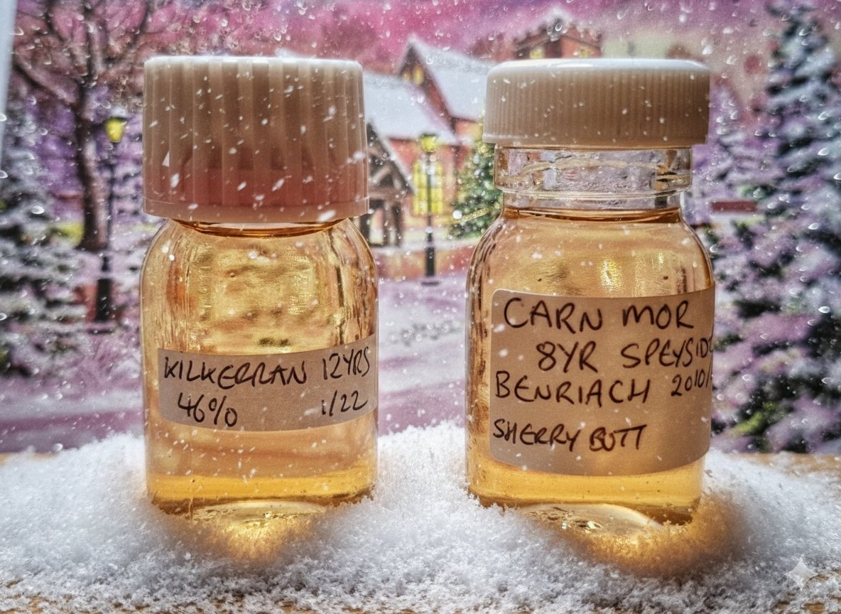 Newckie's tweet photo. A two4one today with the #WhiskyAdvent calendar.
1st, a Kilkerran 12 yr with a 70/30  split of ex-bourbon and sherry casks used for this 2022 batch.
Next, its a Carn Mor Benriach 2010 8 yr from sherry butts for Morrison and Mackay, as they were known then.
#Whisky
#DramVent https://t.co/qvUNwG2rUs