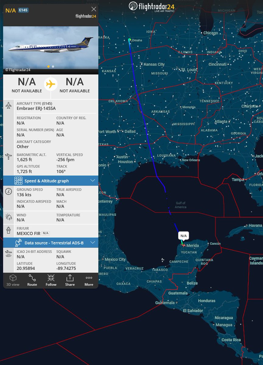 prefix64's tweet image. Embraer-145 MCSA-AEWC | FAM4101 | #E400B4
KLNK🇺🇸 -&amp;gt; MMMD🇲🇽
Likely related to maintenance activities