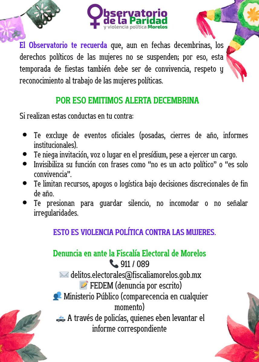 En diciembre los derechos políticos de las mujeres no se suspenden.
Excluir o invisibilizar a mujeres en eventos oficiales también es violencia política.
Desde Morelos, vigilantes. 💜

Contáctanos por mensaje para que te asesoremos y acompañemos en tu denuncia.