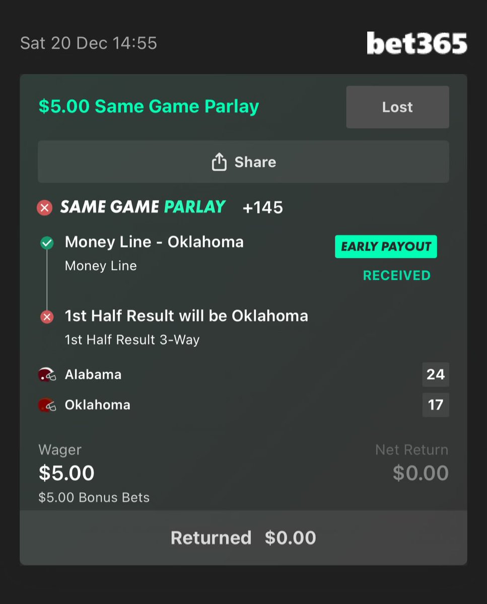 I love <a href="/bet365/">bet365</a> early payout but this may be the goofiest parlay loss ever. When OU went up 17-0 in the 1Half the moneyline paid out on the game but not the half so when Bama tied it I lost the 1h bet lol #degenerate #KingOfBonusBets