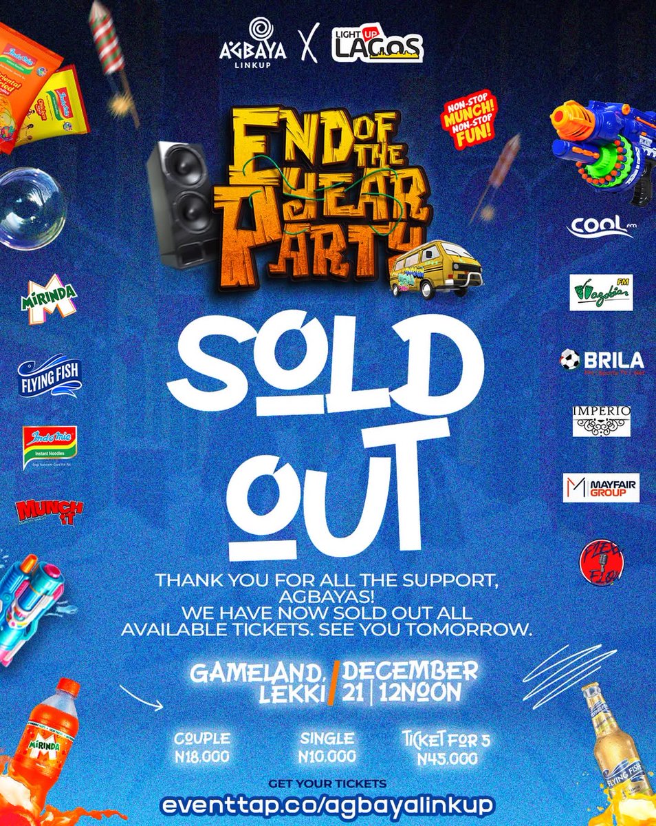 We’re ready to light things up with you tomorrow — good vibes, great music, and pure end-of-year energy. 🥳⚡

📍 Gameland, Lekki
🗓️ Dec 21st
⏰ 12PM

#AgbayaLinkUp #LightUpLagos #EndOfTheYearParty #DettyDecember