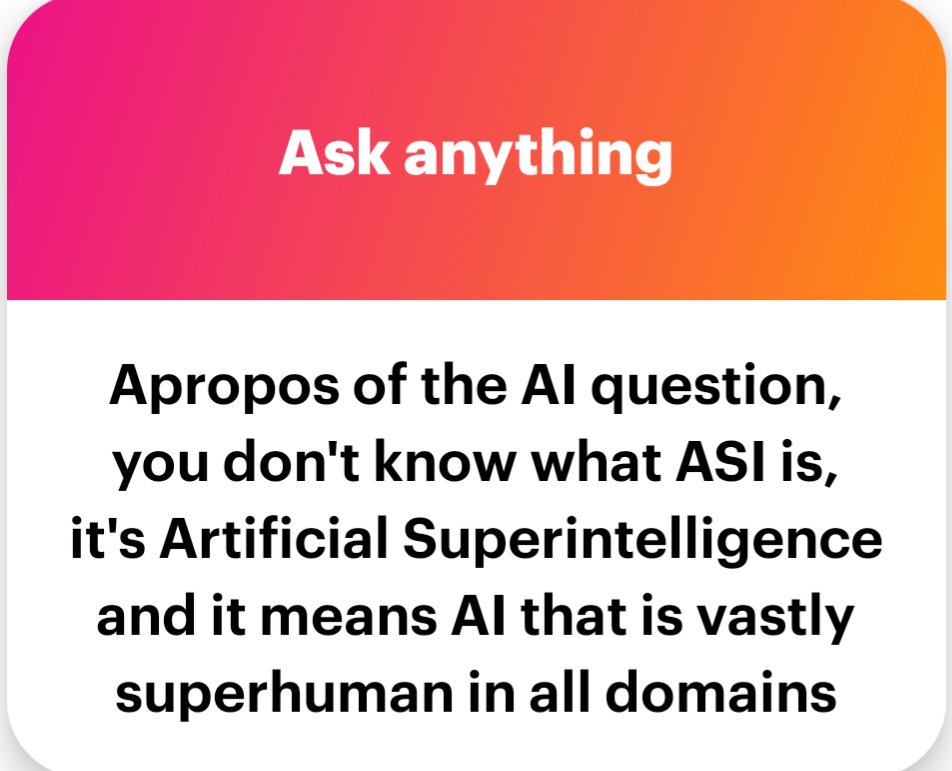 AdrianAdriasola's tweet image. Ik what ASI, I'm arguing that by definition an intelligent system is not conscious nor able to develop concerning or dangerous abilities necessarily. An AI can be as smart as you can imagine, but if it still works by giving outputs to specific prompts, nothing will happen