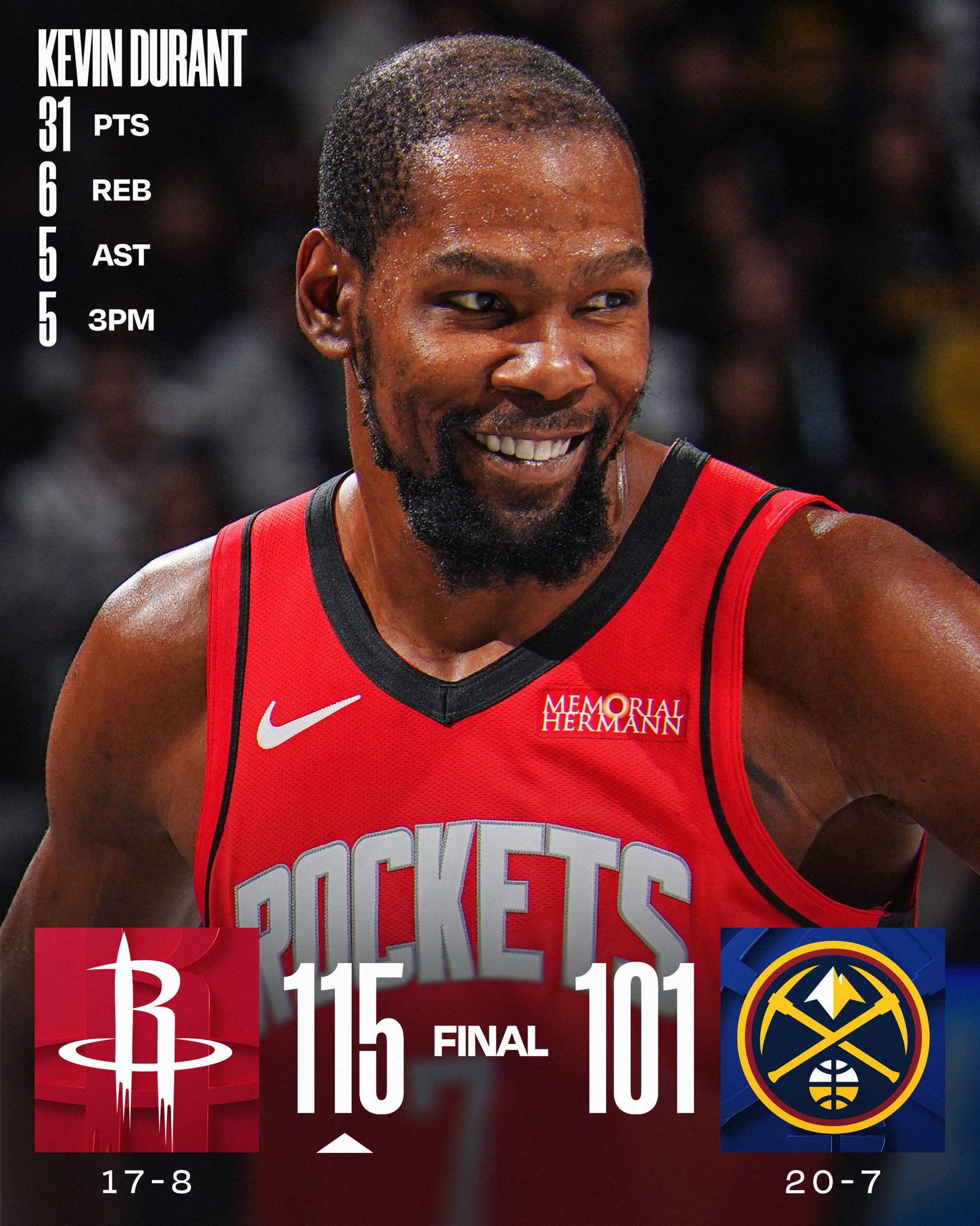 SATURDAY'S FINAL SCORES 

Kevin Durant and the @HoustonRockets win in Denver!

Reed Sheppard: 28 PTS, 6 AST, 6 3PM 
Jabari Smith Jr.: 22 PTS, 10 REB, 5 3PM
Nikola Jokić: 25 PTS, 7 REB, 5 AST