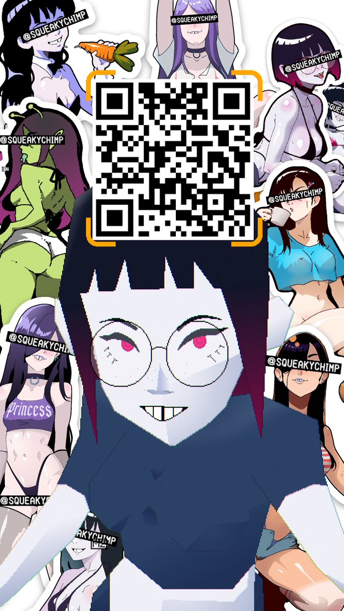 SqueakyChimp's tweet image. I've relisted several sticker designs on the store now with watermarks. You can support me by ordering die-cut stickers from my personal store, or by printing any of my designs on a sticker, button, keychain, or whatever else from Stickermule! Scan the QR or find the link below!