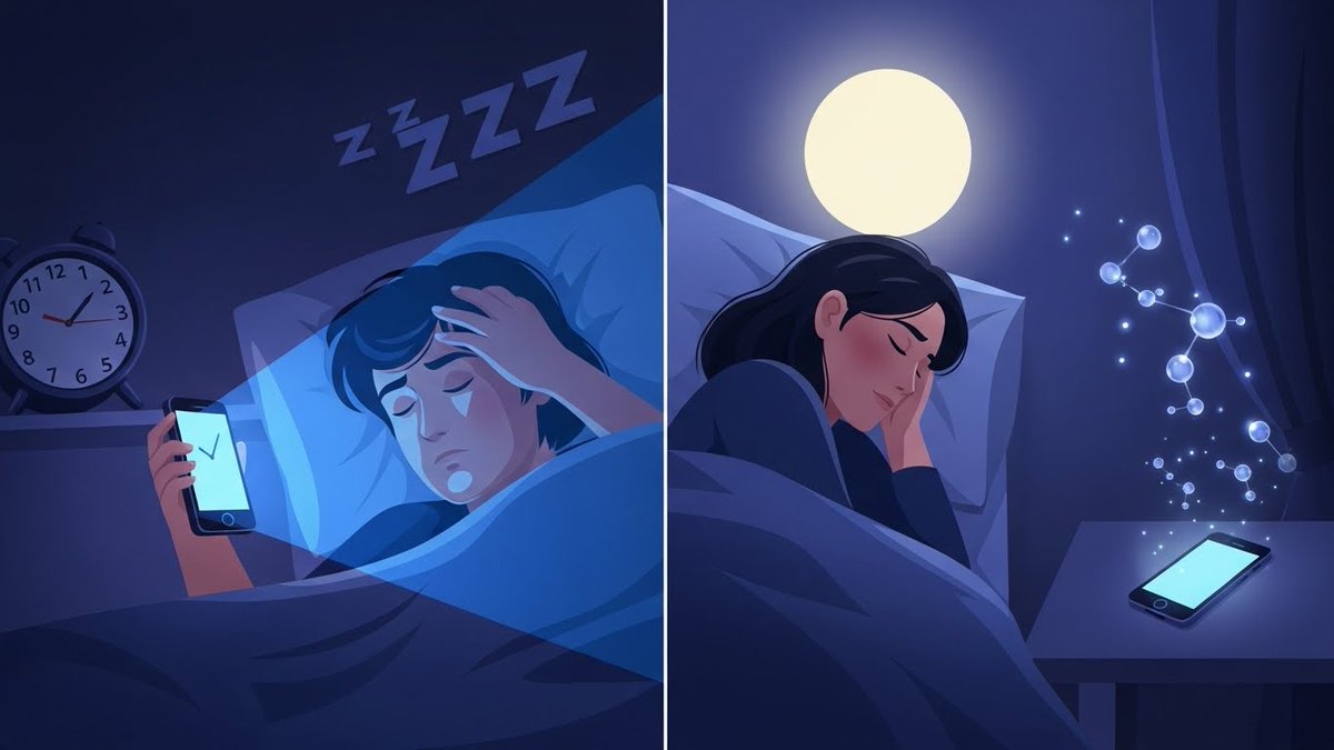 YouMa103877's tweet image. 夜眠れない。朝起きられない。
生活リズムが崩れていること、ありませんか?

実はこれ、意志の弱さではなく
「体内時計の乱れ」が原因です。

特に、夜にブルーライトを浴びると、 
メラトニン(睡眠ホルモン)の分泌が2〜3時間遅れることが分かっています。

寝る1時間前にスマホを見ない。…