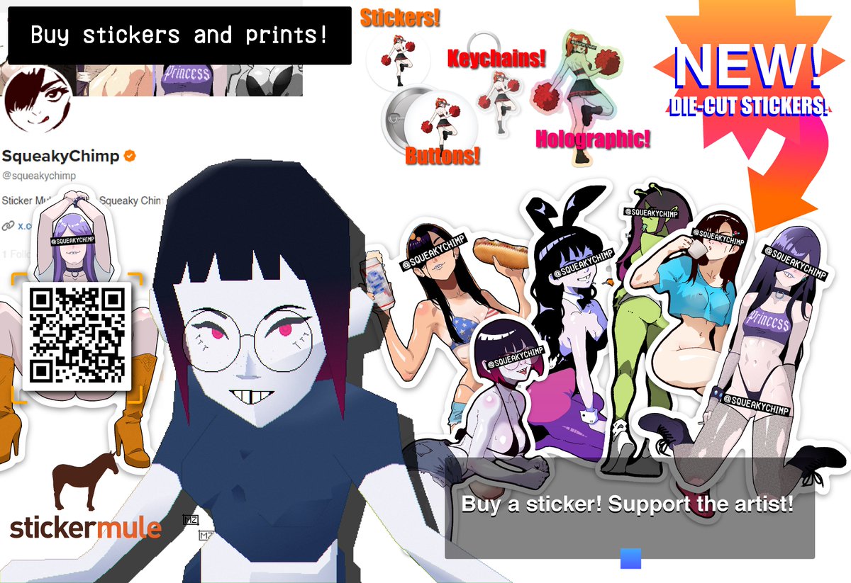 SqueakyChimp's tweet image. I've relisted several sticker designs on the store now with watermarks. You can support me by ordering die-cut stickers from my personal store, or by printing any of my designs on a sticker, button, keychain, or whatever else from Stickermule! Scan the QR or find the link below!