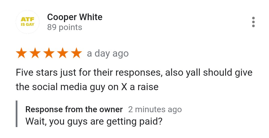 FenixAmmunition's tweet photo. I really think Google needs to add a way to insert memes in your reviews responses https://t.co/G6DMAIsXEG