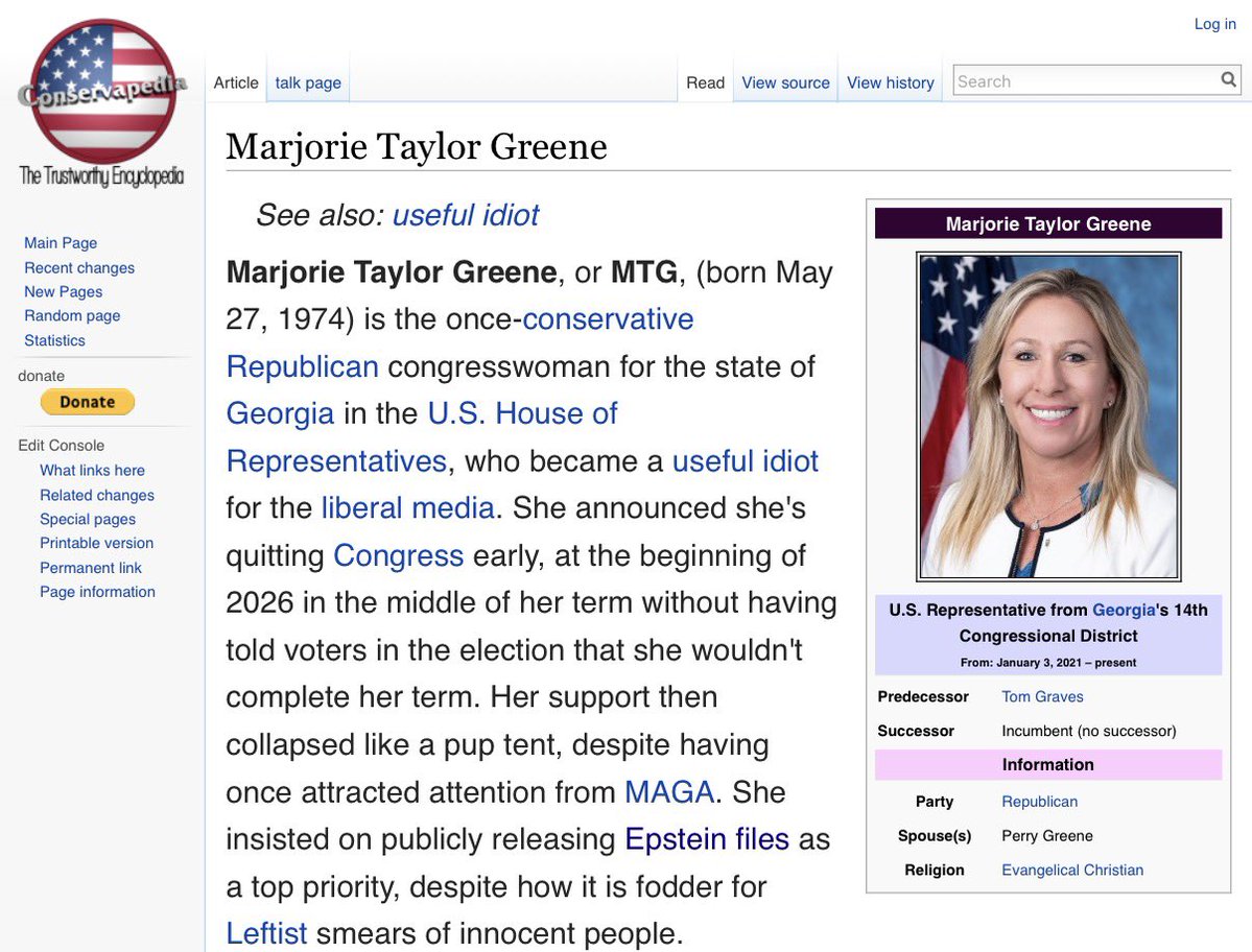 PollTracker2024's tweet image. Conservapedia’s article on Marjorie Taylor Greene: