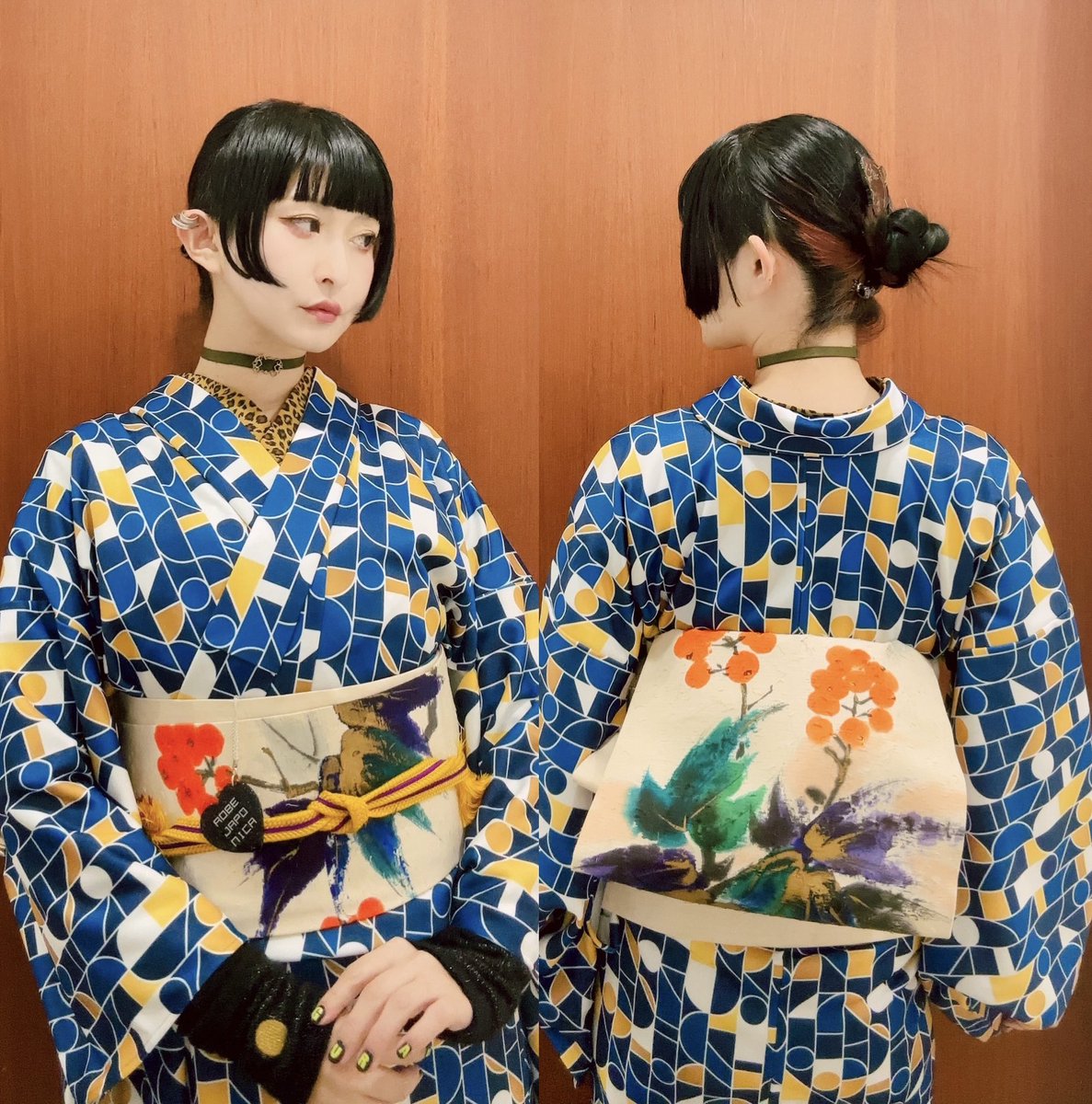 昨日のキモノ👘 前回はハイネック＆半幅帯だったから 今回は半衿