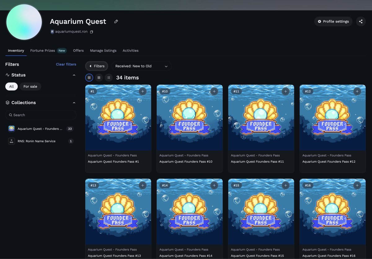 AquariumQuestCo's tweet photo. First batch of Founder's Passes have been minted by the AQ Treasury! GTD mint starts in ~9 hours.

Ronin Launchpad
https://t.co/tBmF7ffNp5

Ronin Market
https://t.co/xA6tCNTSye

Opensea
https://t.co/828iMyDjHc
