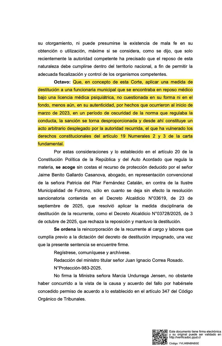 alvardominguez's tweet photo. SCA Valdivia ROL 983-2025 16.12.25. La falta de probidad se configura por uso malicioso de licencias medicas, es decir, cuando hay mala fe en la obtención del reposo, ya sea para realizar actividades que la patología o el descanso prohíben o finge ante el médico una enfermedad1/2 https://t.co/4i7yheoNEZ