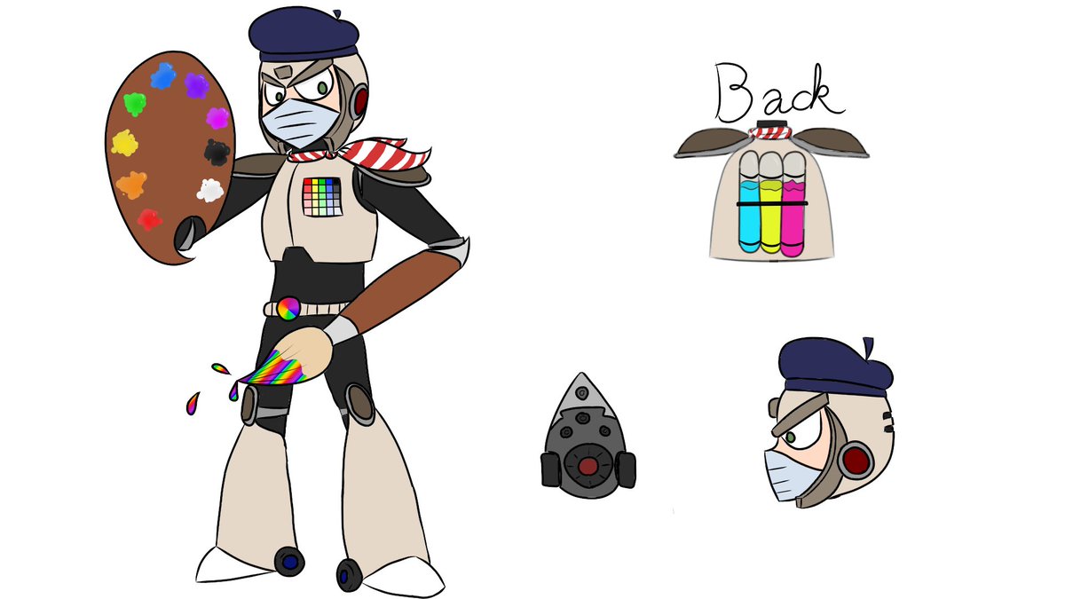 Crashendo_K9's tweet photo. So, I finished my design for the #MegaManDO #DesignARobotMaster ! Introducing:
Swatch Man!
Attack: Paint Spray; shoots a fan of 7 colorful drops
Good Point: Creative
Bad Point: Daydreamer
My inspiration is the fact I am an artist myself, and I thought it would be ironically funny https://t.co/zC4KMJaeiY