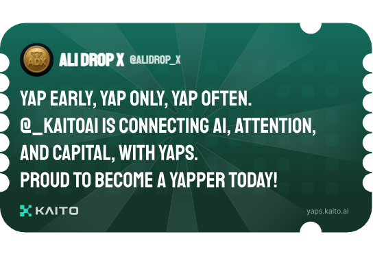 alidrop_x's tweet photo. Yap early, yap only, yap often.

@KaitoAI is connecting AI, attention and capital with Yaps.

Just claimed my social card and I'm accumulating Yap points in real-time.

Claim yours 👉 https://t.co/eHrdm7FbGg 

#KAITO #yapper #kaitoyapper #Airdrop #joinkaito https://t.co/JAWbDAw703