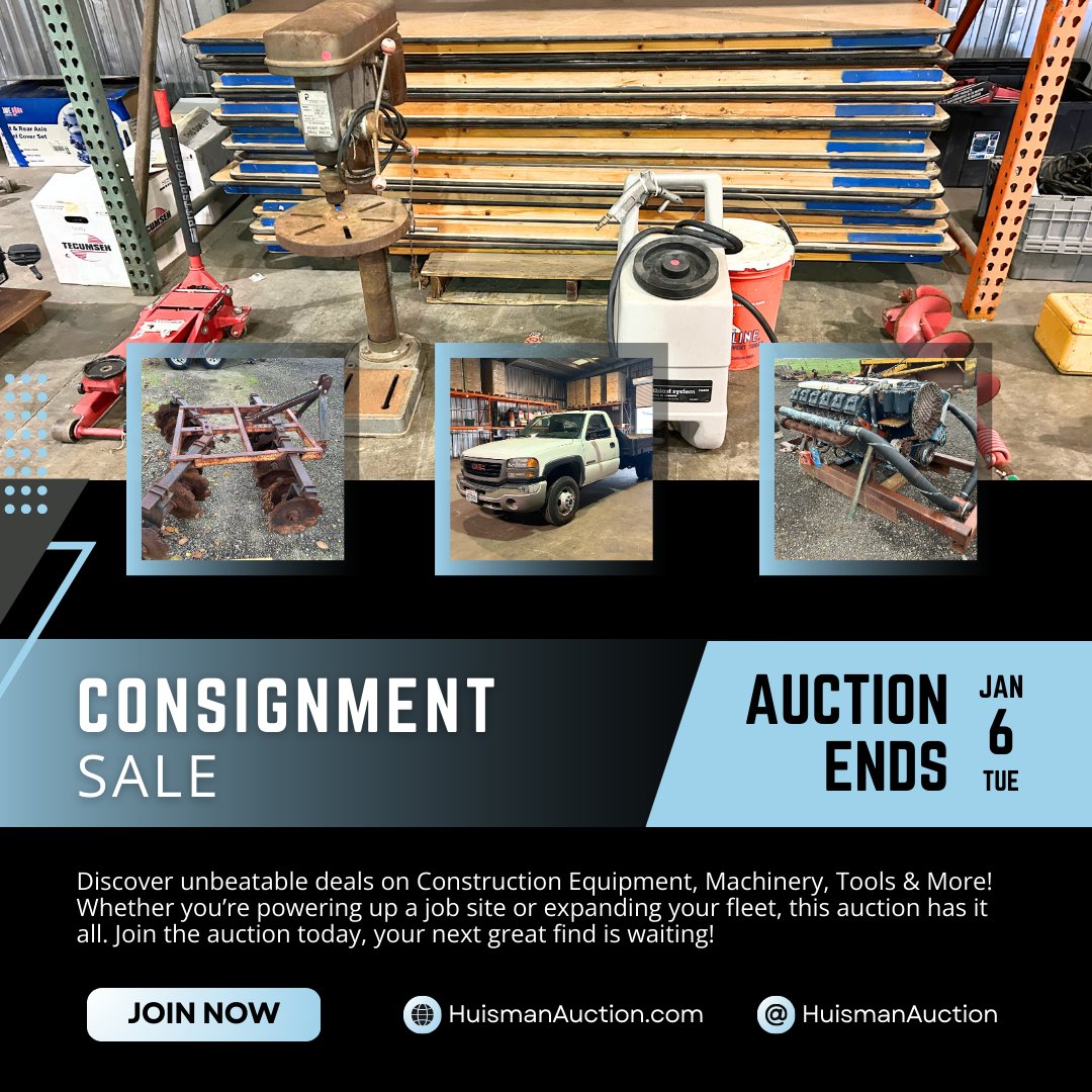 huismanauction's tweet image. 🔥The bidding window is open! Our Consignment Sale Auction brings together Construction Equipment, Machinery, Tools, and More.🛠️

🗓️ Auction Ends: January 6, 2025 at 1 PM
📍Lodi, CA
💻 Bid at HuismanAuction.com

#ConsignmentAuction #ConstructionEquipment #IndustrialTools