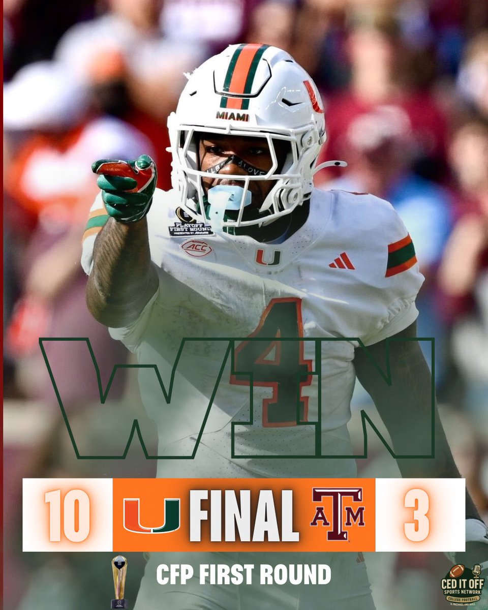 ceditoff_sports's tweet image. Miami walks into the CFP and takes down Texas A&amp;amp;M Aggies in Round 1.
Doubters silenced. Momentum built. The U is BACK. 🔥🏈 #CFP #GoCanes #UpsetAlert #CollegeFootballPlayoff