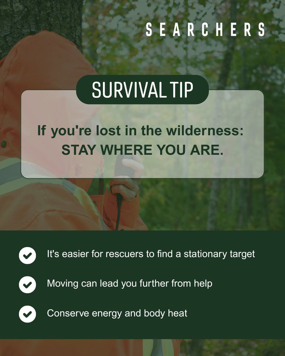 AngelEnt_ca's tweet image. The most important rule of survival?
STOP MOVING. 🛑

Panic often tells us to run, but a moving target is the hardest to find. As this tip reminds us, staying put conserves your energy and body heat—two things you can't afford to lose in the wilderness.