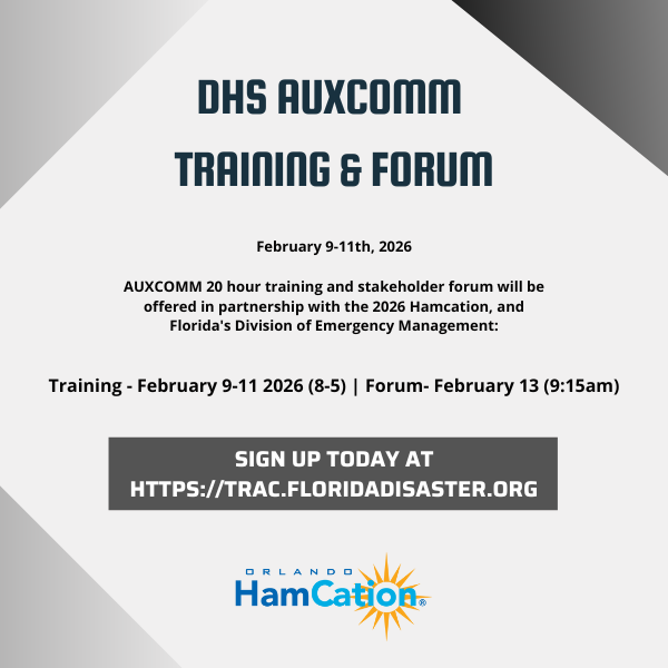 Hamcation's tweet image. The DHS AUXCOMM Training &amp;amp; Forum is returning! Join us on February 9-11, 2026, for the AUXCOMM 20-hour training and stakeholder forum, in partnership with Florida's Division of Emergency Management.
Sign up at trac.floridadisaster.org