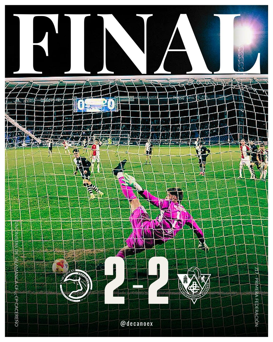 🔚 <a href="/UnionistasCF/">Unionistas de Salamanca CF</a>  2 - 2 <a href="/CPCacerenoSAD/">CP Cacereño 🟢🐉</a>  

56' ⚽ <a href="/joserradediego3/">Joserra De diego martin</a>  
73' ⚽ <a href="/joserradediego3/">Joserra De diego martin</a>  

#AúpaCPC