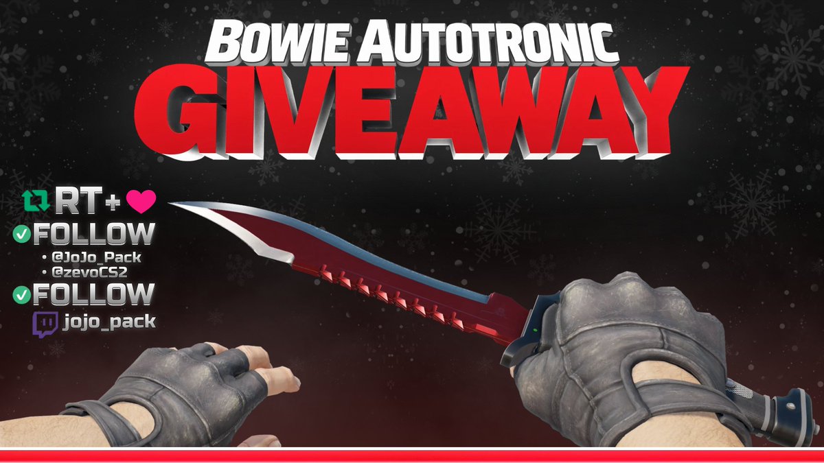 CS2 GIVEAWAY 🎁
+$100 | Bowie Knife Autotronic (FT) 🔥

🔁 Retweet + like ❤️
✅ Follow <a href="/JoJo_Pack/">JoJoPack</a> &amp; <a href="/zevoCS2/">zevoCS2</a>
✅ Follow twitch.tv/JoJo_Pack (show proof)

Giveaway ends in 2 weeks! Good luck &amp; Merry Christmas! 🎄
#CS2Giveaway #CS2