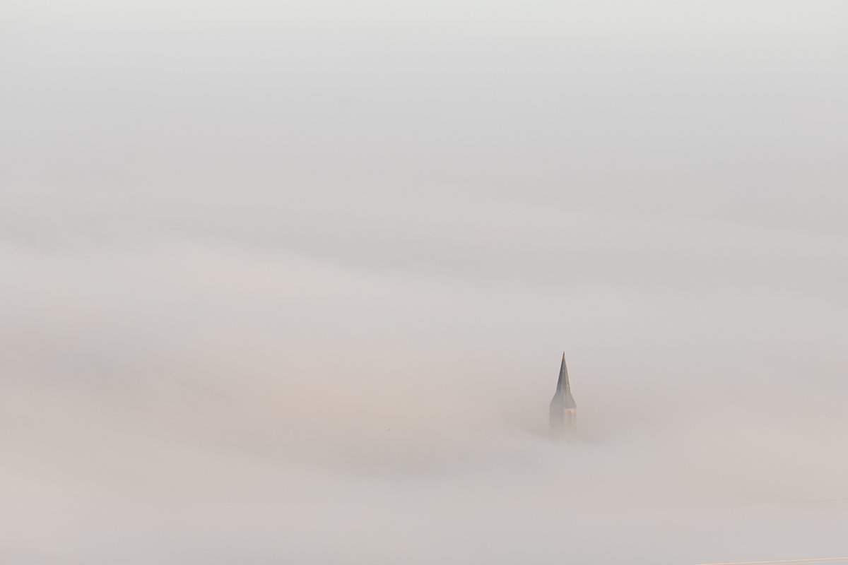 Across the valley, St James’ Church tower, drifting out of the morning mist.