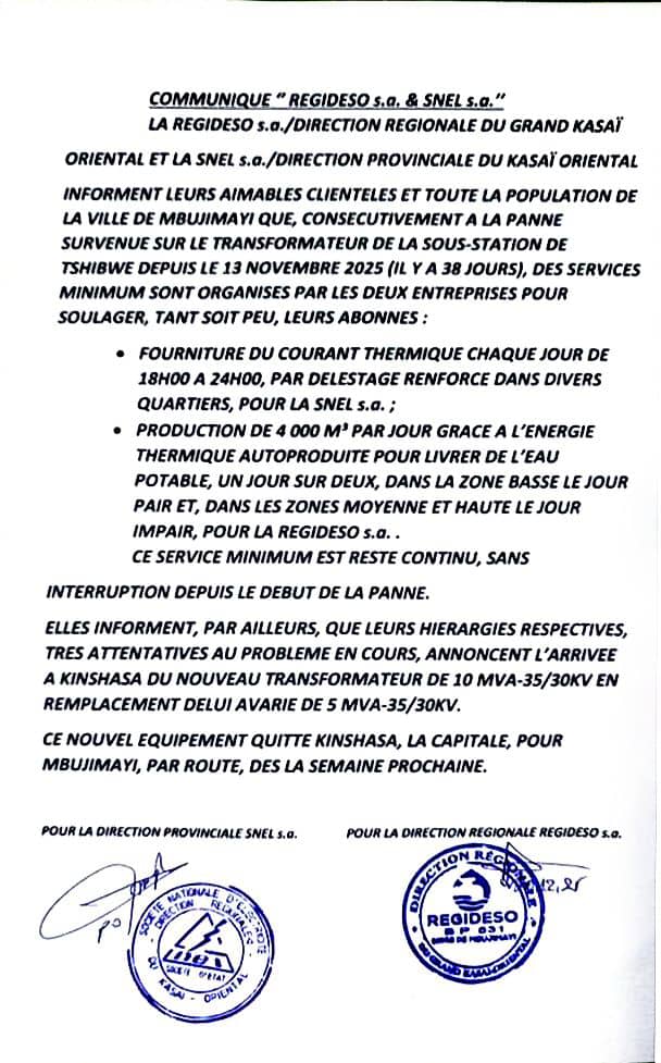 Communiqué REGIDESO - SNEL