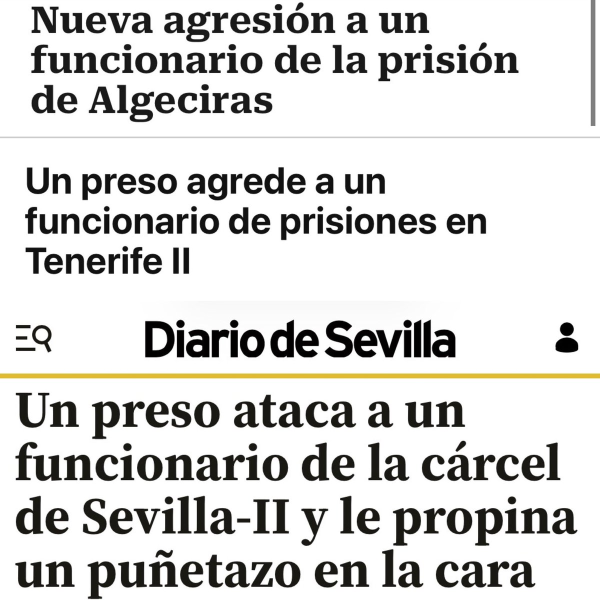🔴3 agresiones (que sepamos) en una semana

⚫️Cada día una nueva #agresión y cada día <a href="/IIPPGob/">Instituciones Penitenciarias</a> mira hacia otro lado

Nuestros #FuncionariosdePrisiones siguen:

❌sin ser #AgentesdeAutoridad
🆘con #PEAFA obsoleto
⚠️ sin medios

Hasta cuando? Hace falta otra muerte?
#SOSprisiones