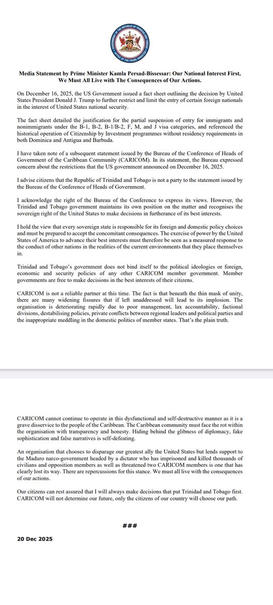 KejanHaynes's tweet image. Media Statement by Prime Minister Kamla Persad-Bissessar: Our National Interest First, 
We Must All Live with The Consequences of Our Actions.