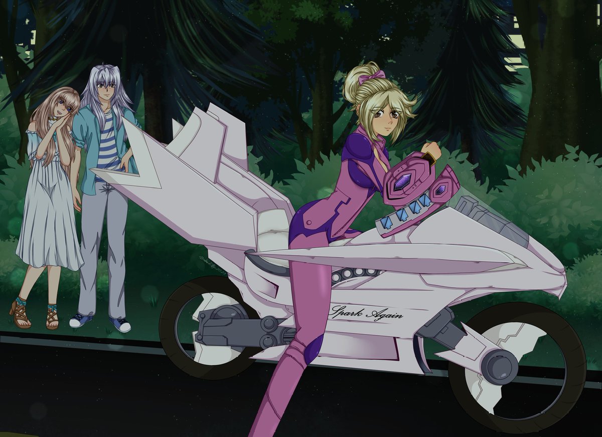 EternalShipping's tweet image. Credit: @Bobakittys 
Ella Bakura and Ryou Bakura watching their daughter, Selene Amunet Bakura, on her Duel Runner.