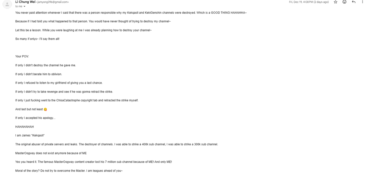 trigger7x's tweet photo. His channels are CryingHuohuo KekiGenshin ElysianEchoesHSR (previously AngyFirefly), Keksqall, ChisaCalamity, Belle'sBells etc. Please mass report him on youtube. Such creators are the reason why good creators don't get the justice they deserve. 
This email was sent too
#Report https://t.co/SqNdwRbLnf