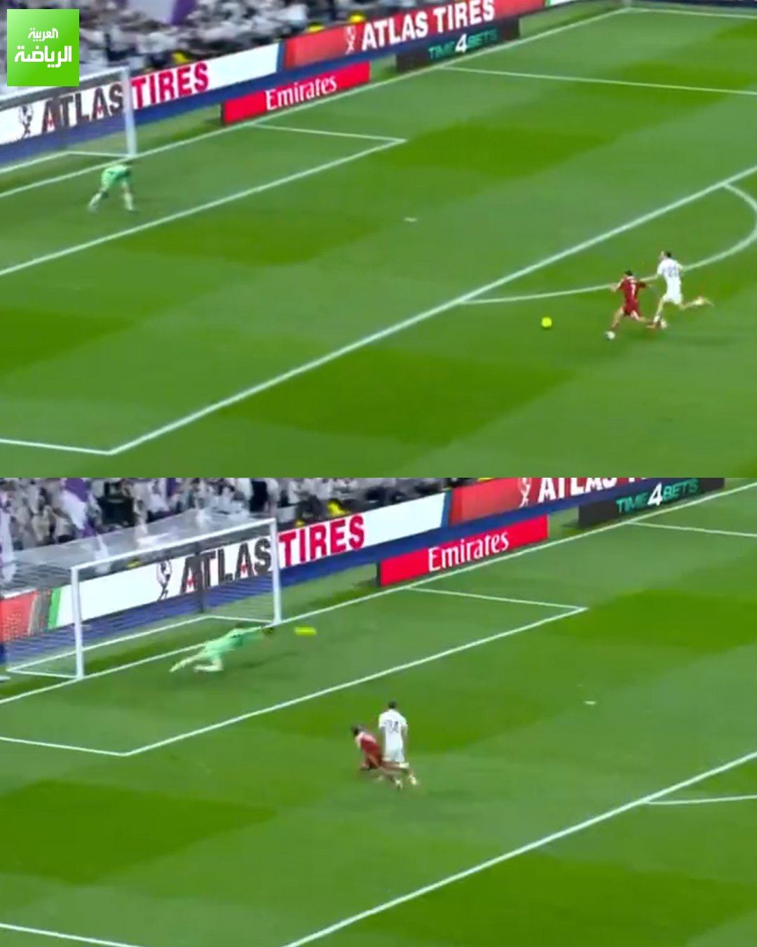 روميرو يسدد وكورتوا يتألق ويحرم إشبيلية من تسجيل هدف التعادل. ريال مدريد 1 (بيلنغهام) إشبيلية 0. الدوري الإسباني. سانتياغو برنابيو 