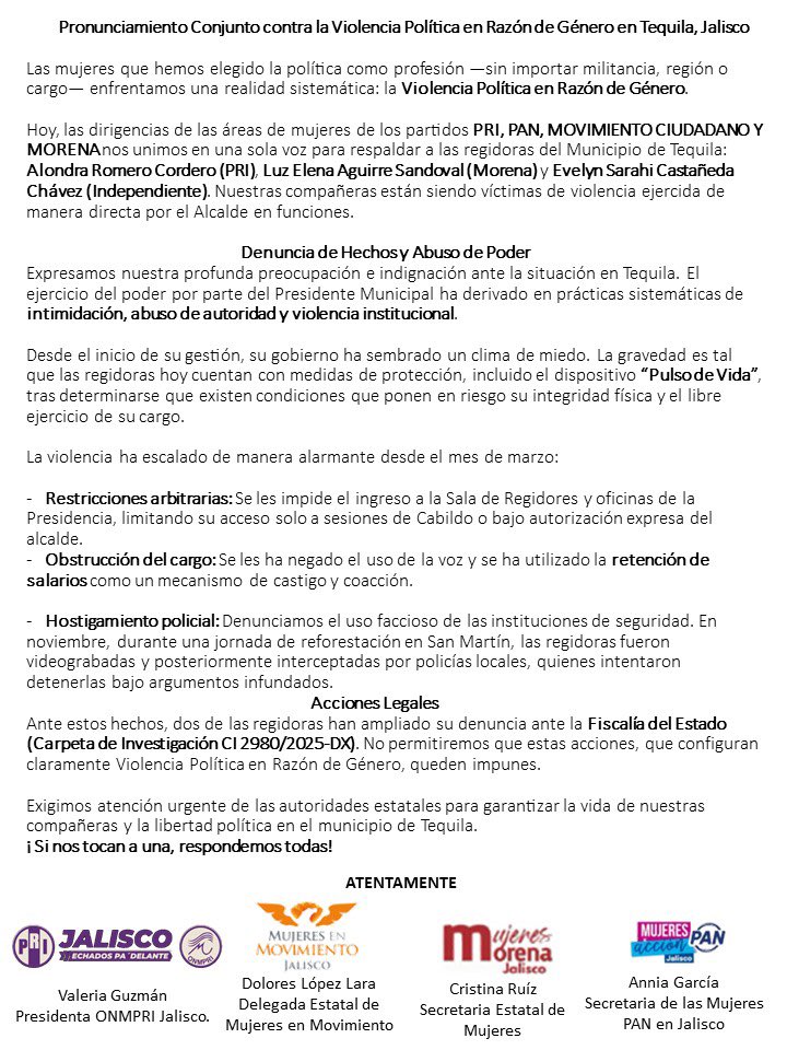 Las mujeres en la vida pública no debemos enfrentar violencia por ejercer nuestro cargo.

Desde Aúna acompañamos la pluralidad de voces de mujeres de <a href="/PRIJALOFICIAL/">PRI Jalisco</a>, <a href="/PAN_Jalisco/">PAN Jalisco</a>, <a href="/MovCiudadanoJal/">Movimiento Ciudadano Jalisco</a> y <a href="/4TMorenaJalisco/">MORENA Jalisco</a>, que se unieron para apoyar a las regidoras de Tequila, que hoy
