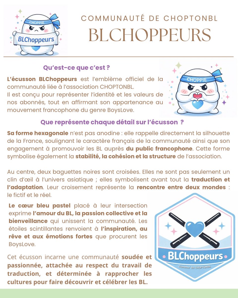 ANNONCE OFFICIELLE — Notre communauté a enfin un nom et un emblème ! 🌟

Nous sommes fiers de vous présenter :

🥢💙 Les BLChoppeurs 💙🥢

C’est le nom officiel de notre communauté, mais aussi de notre espace de partage, de soutien et de passion autour du BoysLove. Et pour