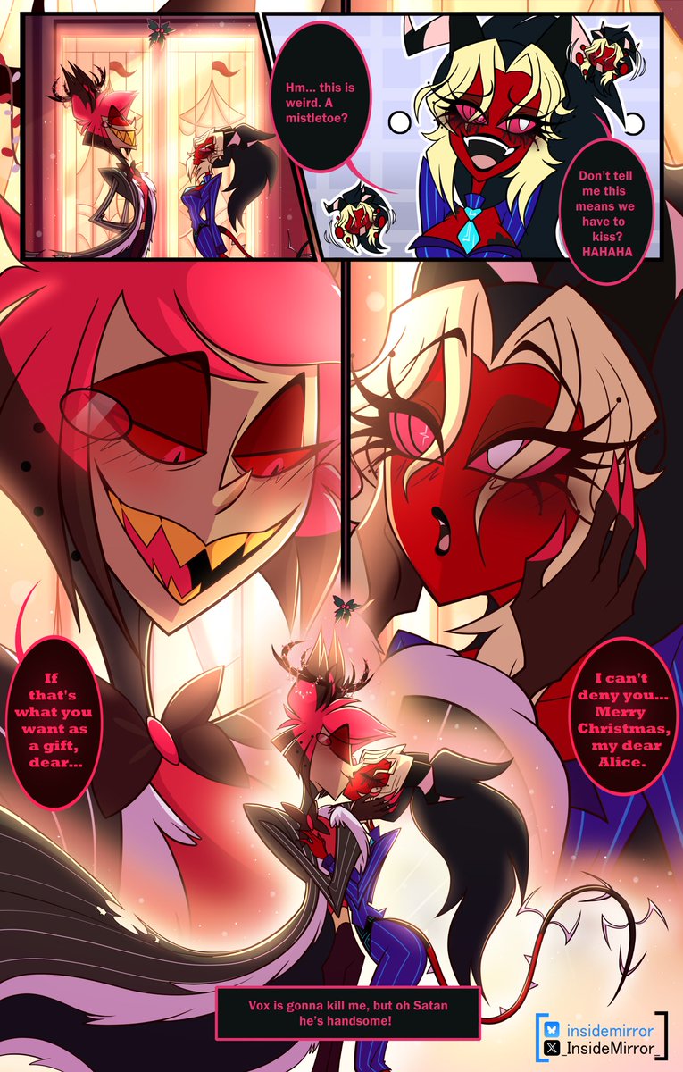 AsheLovenstein's tweet image. “An Unexpected Christmas.”🎄 
(Vox is gonna be pissed 🤣)
—
@_InsideMirror_ once again outdid themselves with this adorable YCH! AU!Foxx never had to change her name, so she uses her actual name, Alice! 🥰❤️
—
#HazbinHotel #HazbinHotelOC #Alastor