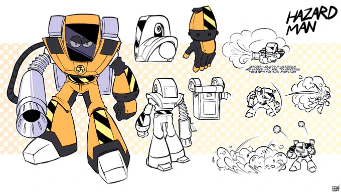 BOSS NAME: HAZARD MAN A robot designed for absorbing and cleaning up toxic gasses and chemical spills in contaminated areas, securing them in his back receptacle for easy, safe extraction. Pen Name: MaxOKE #MegaManDO #DesignARobotMaster