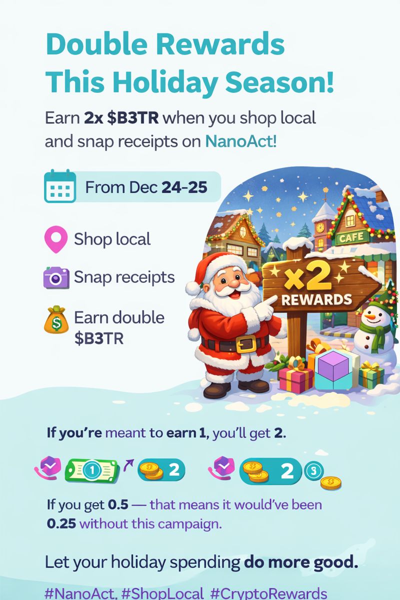 NanoActDao's tweet photo. 🎉 Our holiday bonus starts NOW:

From Dec 24 to 25, your receipts from local shops earn 2x $B3TR

🛍️ Shop small
📸 Upload receipt
💸 Get rewarded — twice!

Support real people this season.
#DoubleRewards #NanoAct #ChristmasPromo @vechainofficial @VeChainJP @VechainThorCom @GreeceVechain @VechainBuilders @vechainAfrica @VeBetterAI @vebetterdao_JPN @VeBetterDAD @VebetterRul