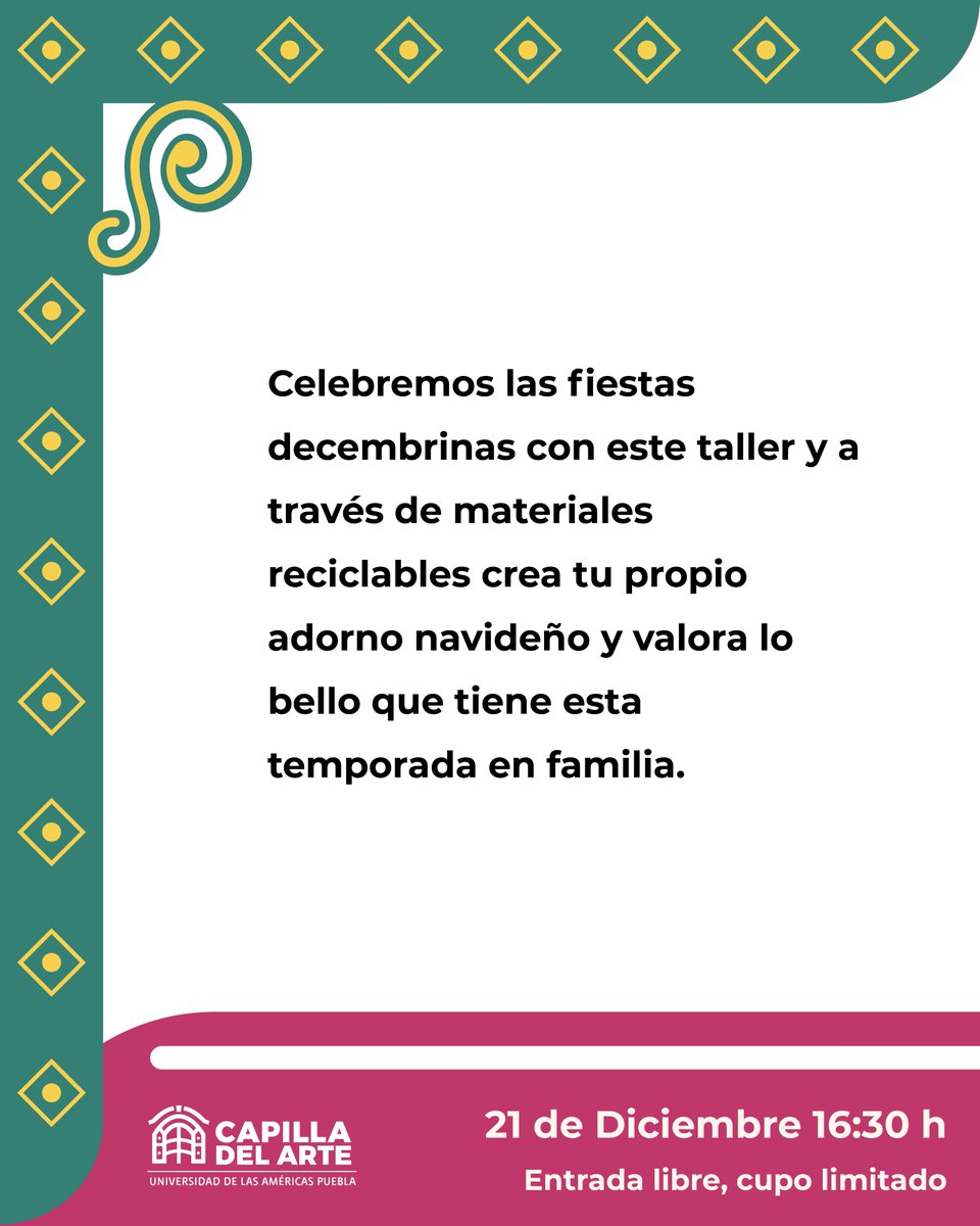 ¡Mañana creamos adornos! 🎄✨ Te esperamos a las 16:30 H en el taller "Navidad artesanal". Celebra las fiestas valorando lo hecho a mano y el reciclaje. ¡Entrada libre!
 #DomingosCreativos #NavidadSustentable #Taller #Puebla