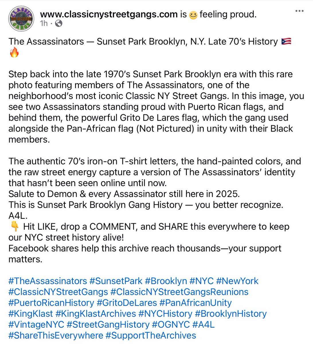 kingklast's tweet photo. The Assassinators — Sunset Park Brooklyn, N.Y. Late 70’s History 🇵🇷🔥

#TheAssassinators #SunsetPark #Brooklyn #NYC #NewYork 
#ClassicNYStreetGangs #ClassicNYStreetGangsReunions 
#PuertoRicanHistory #GritoDeLares #PanAfricanUnity 
#KingKlast #KingKlastArchives #NYCHistory https://t.co/zUFtd02PmG