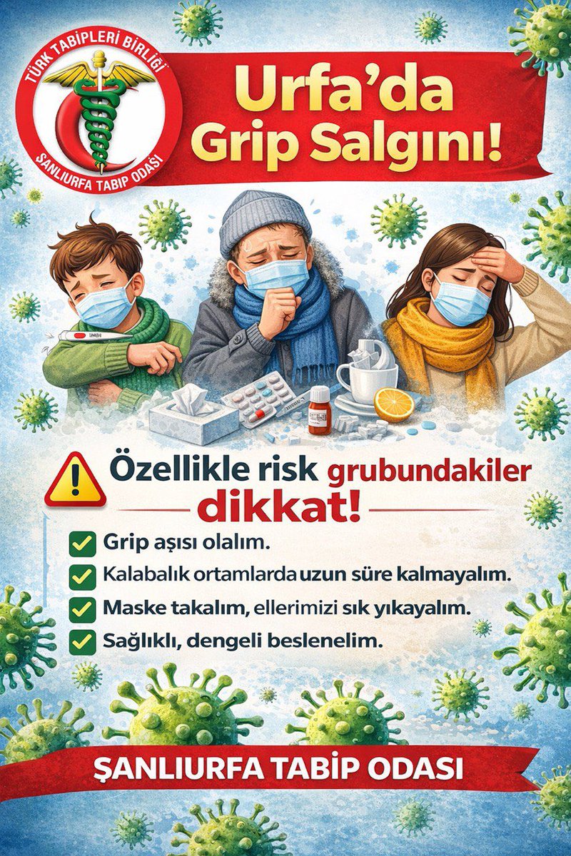 urfatabip's tweet photo. Şehrimizde son günlerde influenza (grip) vakalarında belirgin bir artış görülmektedir. Grip, bu dönemde hızlı başlayan ve ateş, halsizlik, kas ağrıları, öksürük gibi ağır belirtilerle seyreden bir hastalık olarak yayılmaktadır. Salgının etkisiyle bazı okullarda maske uygulaması yeniden başlatılmıştır.

Özellikle kronik hastalığı olanlar, yaşlılar, hamileler ve bağışıklık sistemi zayıf olan bireyler grip açısından daha yüksek risk altındadır. Bu nedenle risk grubundaki vatandaşlarımızın grip aşısı olmalarını önemle öneriyoruz.

Tüm halkımızın;
 • Kalabalık ve kapalı ortamlarda uzun süre bulunmaktan kaçınmasını,
 • Gerektiğinde maske kullanmasını,
 • Ellerini sık sık yıkamasını,
 • Bağışıklık sistemini destekleyecek sağlıklı ve dengeli beslenmeye özen göstermesini öneriyoruz.

Ayrıca yerel yöneticilerimizi, halkı koruyucu önlemler konusunda bilgilendiren ve sağlıklı davranışları teşvik eden bilinçlendirme ve duyuru çalışmalarını arttırmaya davet ediyoruz.

Toplum sağlığını korumak için hep birlikte tedbir alalım.
