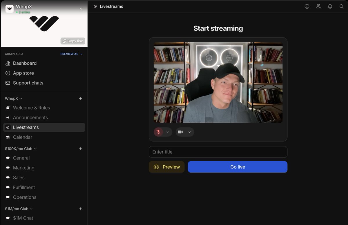 WhopX loading...

Access based on monthly revenue.

No pay to play.

Private chats.

Livestreams (experts + Q&amp;A).

In-person experiences.

Wall plaques.

&amp; more...

Going to be fun.