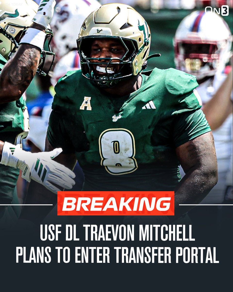 TransferPortal's tweet image. NEW: USF DL Traevon Mitchell plans to enter the NCAA transfer portal, @PeteNakos reports. 

Mitchell totaled 29 tackles and 2 sacks this season. 

on3.com/college/usf-bu…