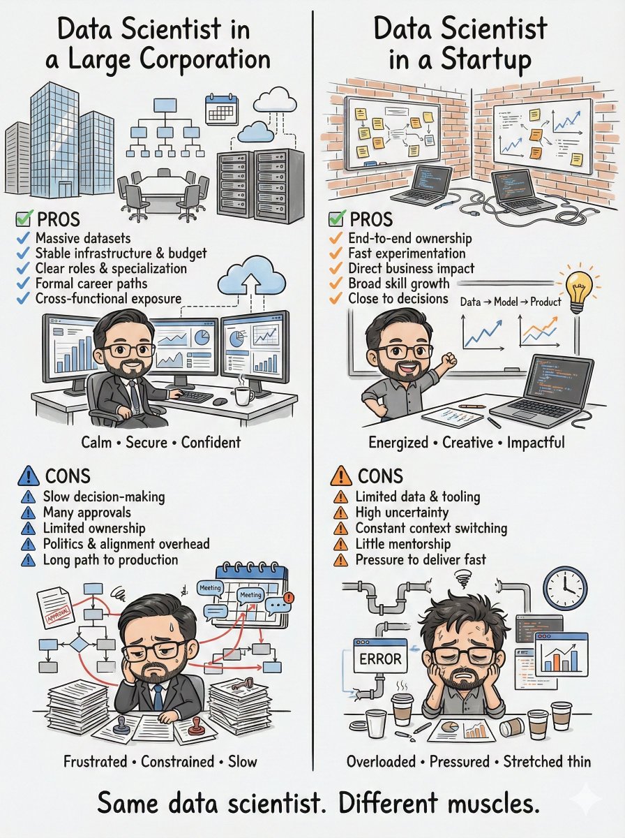 leonpalafox's tweet photo. Estoy convencido de que todos los Data Scientists deben pasar tanto por startups como por corporaciones para realmente entender el valor de los datos en el negocio.

En una empresa grande, el trabajo suele sentirse estable. Hay datos masivos, infraestructura sólida, equipos especializados y caminos de carrera bien definidos. Es un gran entorno para aprender a operar a escala y profundizar en problemas muy específicos.
El costo suele ser el ritmo: decisiones lentas, muchos aprobadores, poco margen de maniobra y la sensación de que las ideas tardan demasiado en llegar a producción.
En una startup, el péndulo se va al otro extremo. El impacto es inmediato. Tocas todo: datos, modelos, despliegue y producto. Aprendes rápido, decides rápido y ves cómo tu trabajo mueve a la empresa casi en tiempo real.
Pero esa velocidad también cobra factura: menos datos, menos herramientas, más incertidumbre, más presión y muchas veces resolver cosas “con lo que hay”.

Lo interesante es que el Data Scientist es el mismo.
Lo que cambia es el contexto y, con él, los músculos que entrenas.
Las corporaciones entrenan profundidad, especialización y operación a escala.
Las startups entrenan velocidad, criterio, versatilidad y cercanía al negocio.

Ninguno es mejor por definición.
Ambos son necesarios para formar un perfil completo.
Mismo rol. Mundos distintos.
Y entender ambos hace una enorme diferencia.
