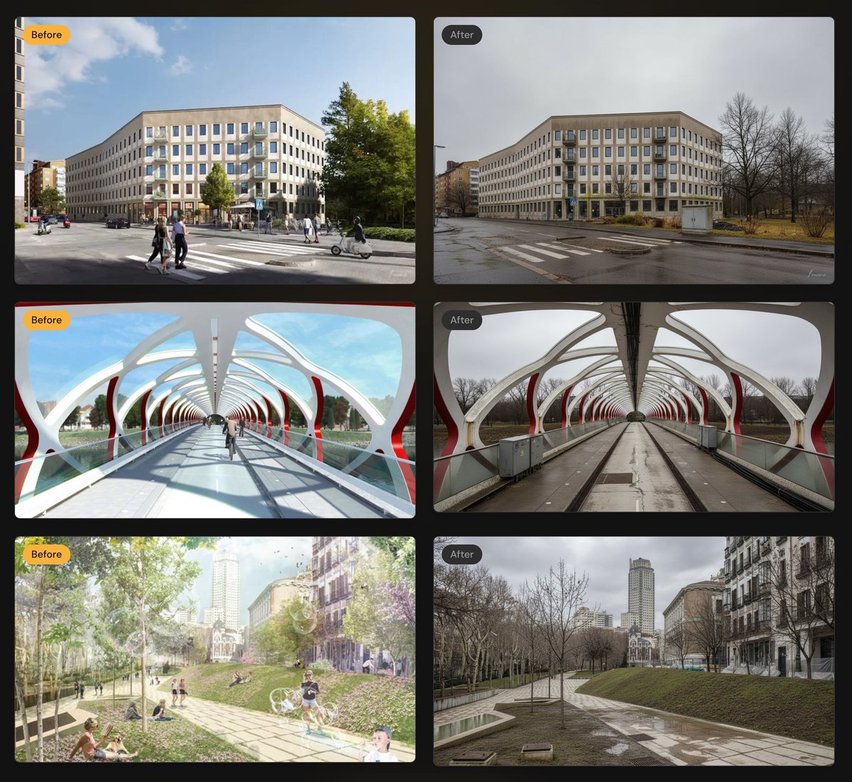 YIMBYLAND's tweet image. Hahaha, this is hilarious. 

Renders are always so shiny and beautiful... but what if we could use AI to fast-forward past the shiny render and see what it would look like in reality? That's basically the premise of this project. 

Render // "Reality"