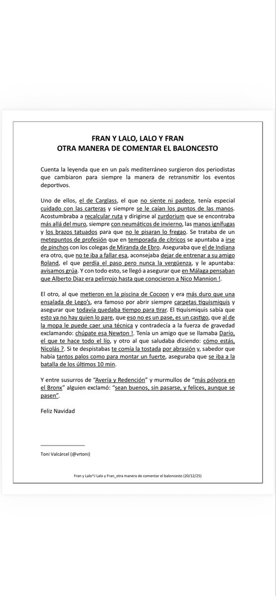 Mi particular homenaje a estos dos cracks de la retransmisión: <a href="/FranFermoso/">Fran Fermoso</a> y <a href="/LaloAlzueta/">Lalo Alzueta</a>. Feliz Navidad. <a href="/PitiHurtado/">Piti Hurtado</a> <a href="/lucio_angulo/">Lucio A.E.</a>