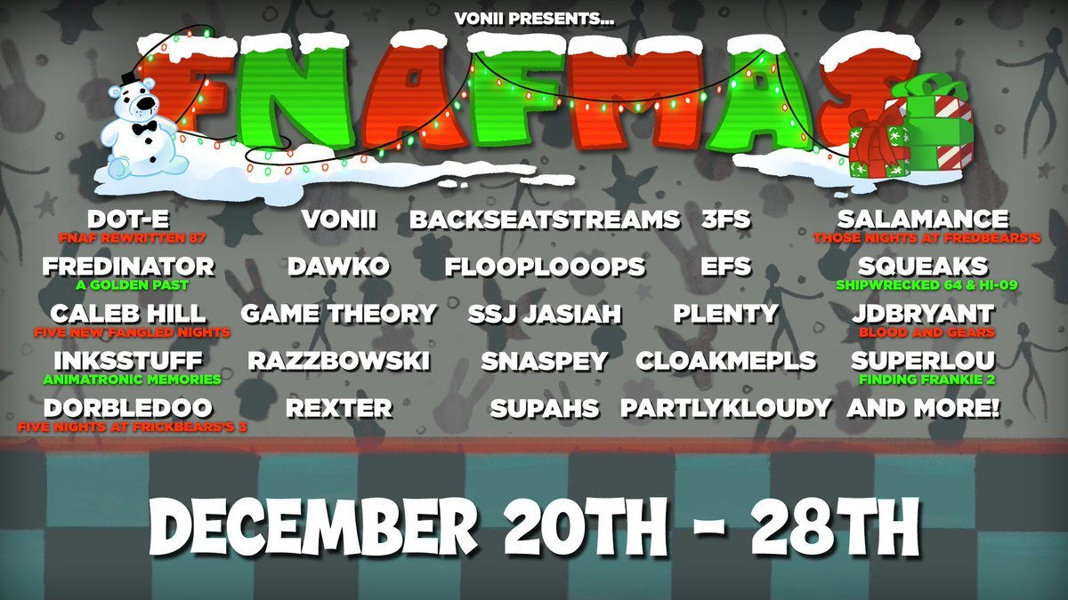 FNaFFangameWiki's tweet photo. An updating thread dedicated to highlighting all the FNAFMAS fangame-related milestones from @DaVonify's charity event!

Go support FNAFMAS here: https://t.co/qdZtk9n7gc

(A🧵)
#fnaf #fangame #fivenightsatfreddys https://t.co/zZRrsJfn6G