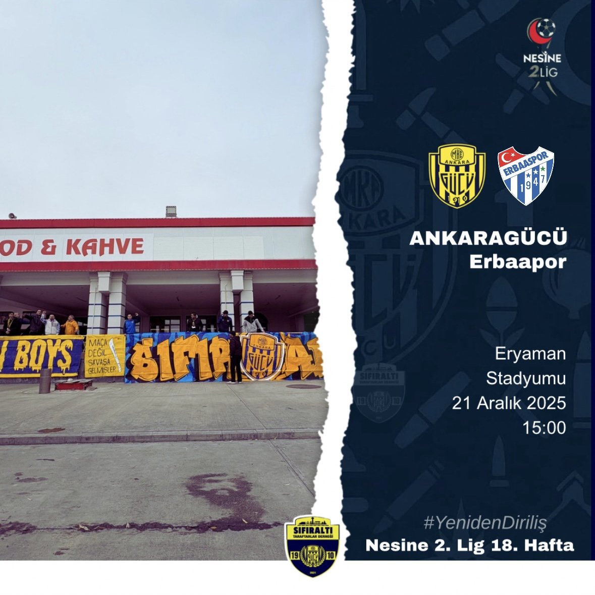 MAÇ GÜNÜ #KenetlenAnkaragücü! #Eryamandayız!

🏆 Nesine 2.Lig
🆚 MKE Ankaragücü’müz - Merkür Jet Erbaaspor
🏟 Eryaman Stadyumu / Ankara
📆 21 Aralık 2025, Pazar
⏱ 15.00
📺 Youtube Sıfır Tv