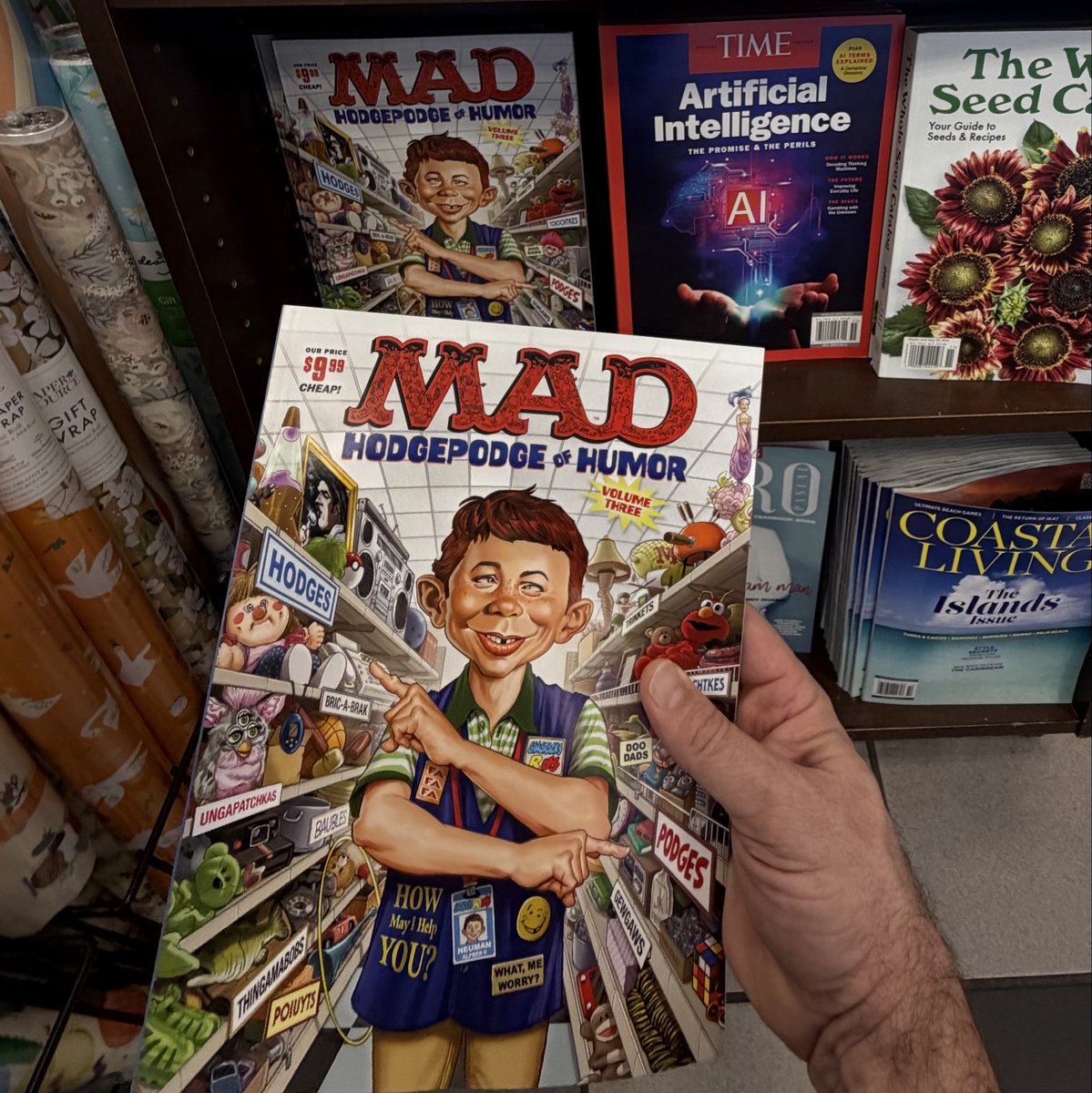 coffeerequired's tweet photo. Found @art4mad’s cover on MAD Hodgepodge of Humor Vol 3 at the B&amp;N front counter, next to TIME: Artificial Intelligence. MAD vs AI ? Choose wisely. #MADMagazine #BNBuzz https://t.co/NZmyPt32oB