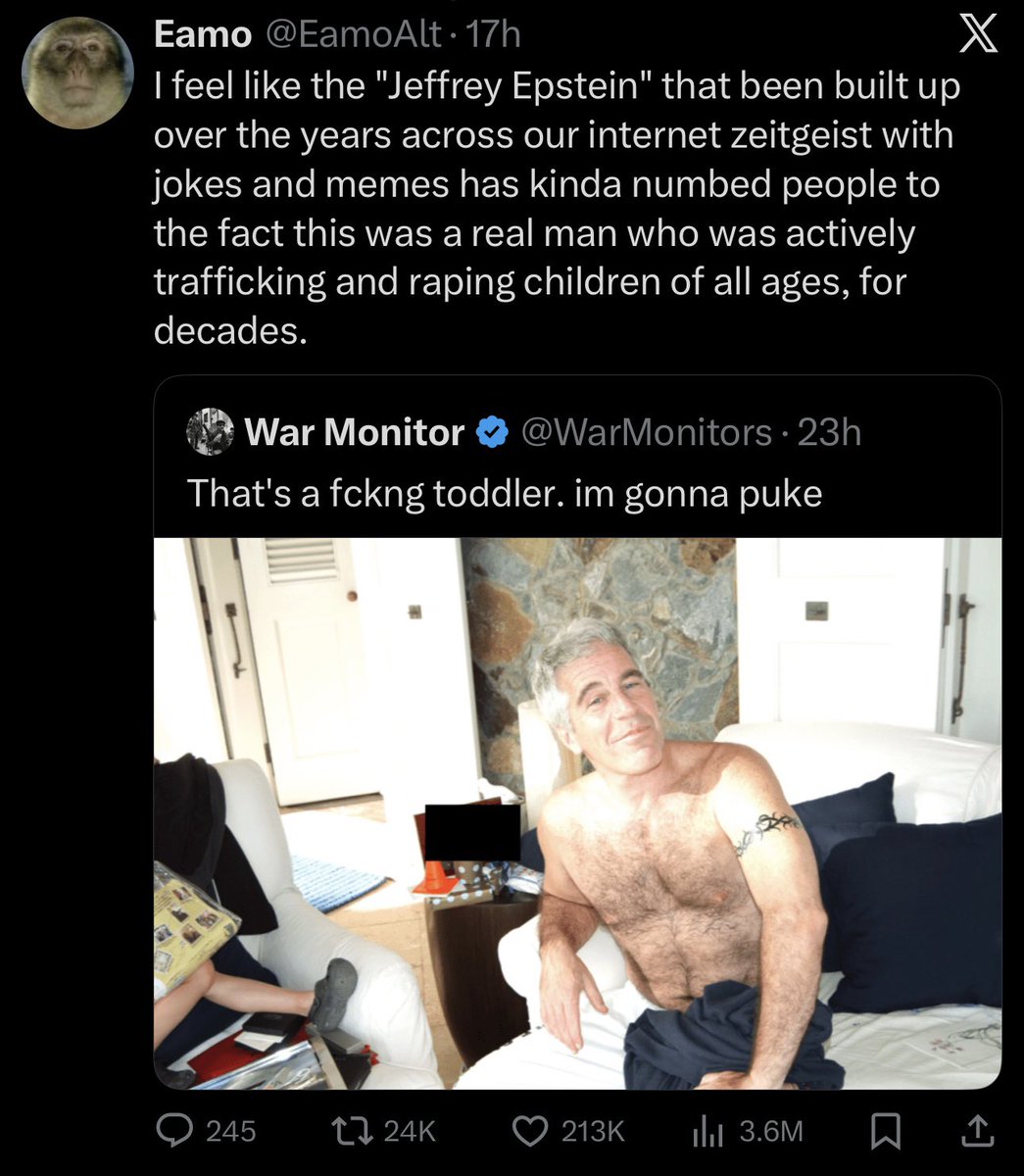 ContraPoints's tweet image. 1) yes, The Epstein Files have basically been true crime entertainment for six years
2) there’s no evidence or accusations of him trafficking toddlers, but people often need to pretend so in order to take the crimes seriously. Because what he actually did is groom teen girls for…